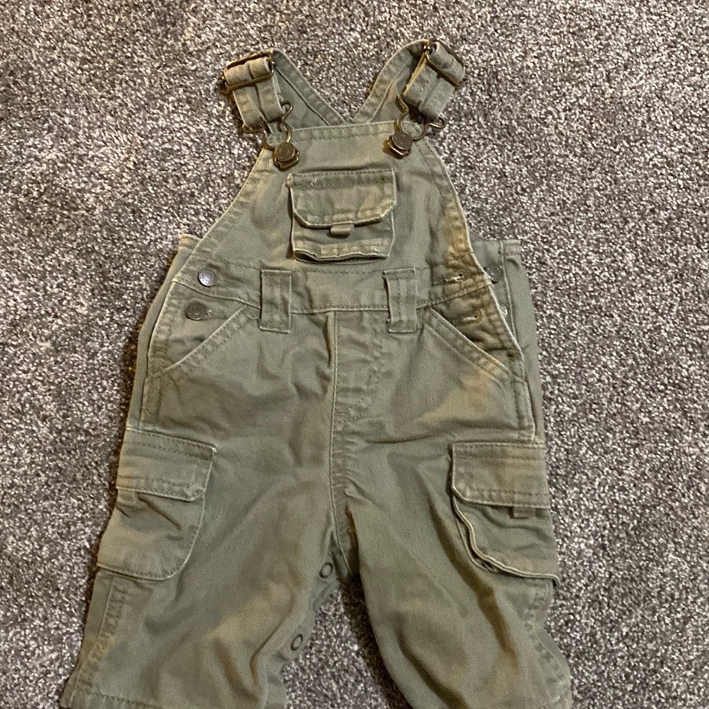 Army green overalls from Old Navy with onsie